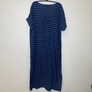 J. Crew Maxi Lightweight Blue Striped Kaftan Dress V-Neck EUC Sz M Cotton